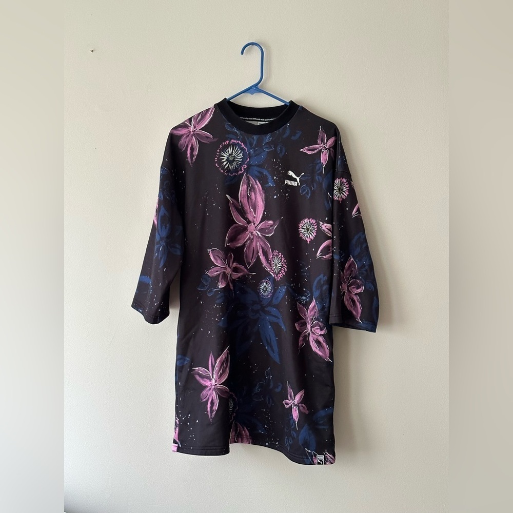 PUMA Women’s  Archive Floral Logo Print Mini Shirt Dress Size Medium